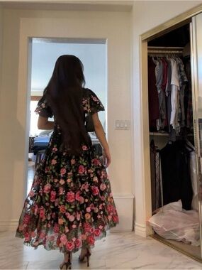 JessaKae Black Floral Midi Dress with Pink Roses